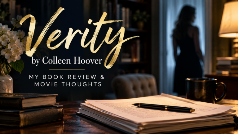 Verity by Colleen Hoover book review and movie thoughts featured image showing a mysterious woman in a shadowy doorway, with manuscript pages and books on a dimly lit desk.