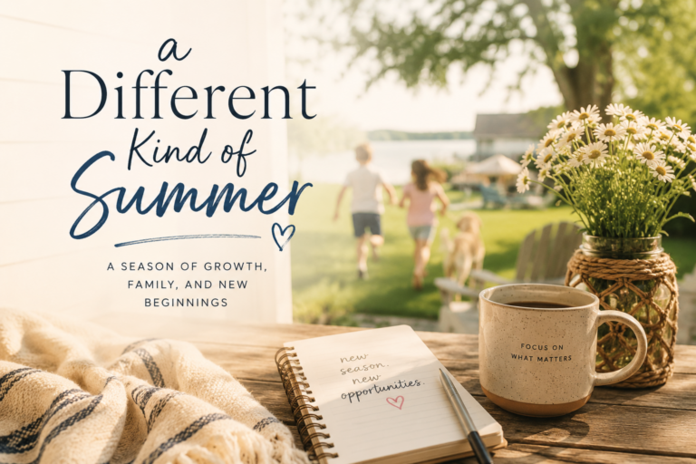 an image with a family running in the background with a coffee mug and notebook in the foreground