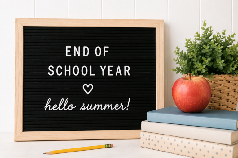 Letter board with “End of School Year” and “hello summer!” beside stacked books, an apple, pencil, and small plant on a white background.