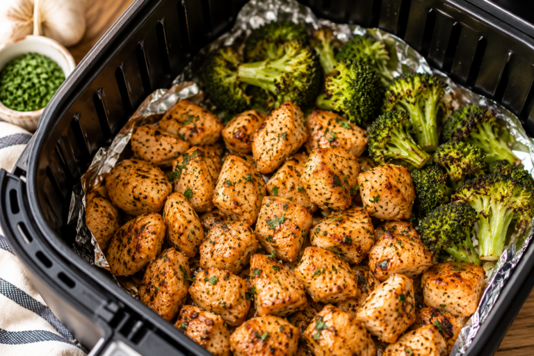 Easy Garlic Butter Air Fryer Chicken Bites with Broccoli