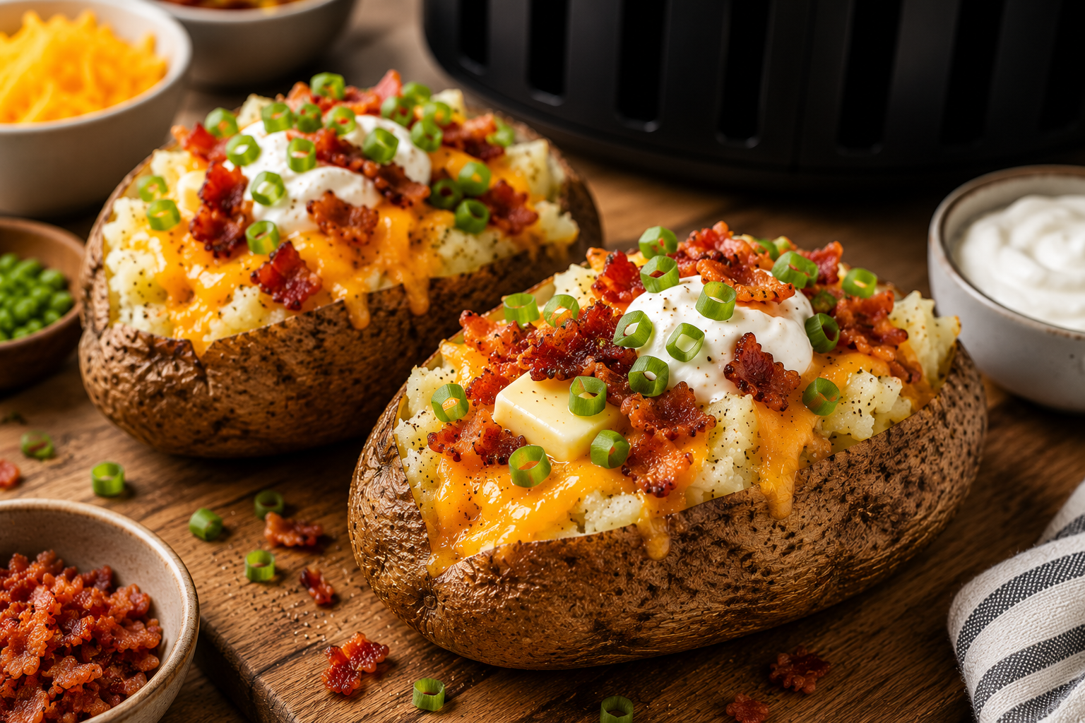 Air fryer loaded baked potatoes topped with melted cheddar cheese, crispy bacon, sour cream, butter, and fresh green onions on a wooden serving board.