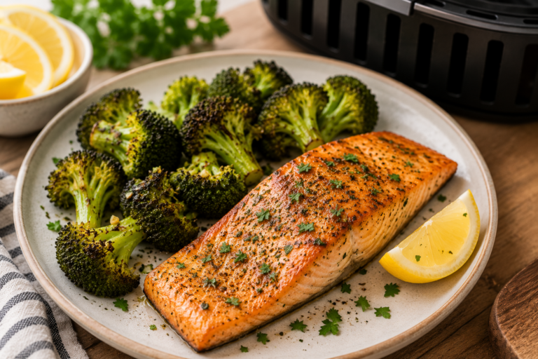 Garlic herb air fryer salmon served with roasted broccoli and a lemon wedge on a dinner plate.