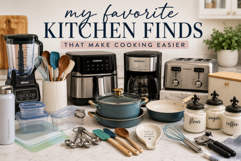 Favorite kitchen finds arranged on a kitchen countertop, including cookware, small appliances, utensils, and food storage containers that make cooking easier.