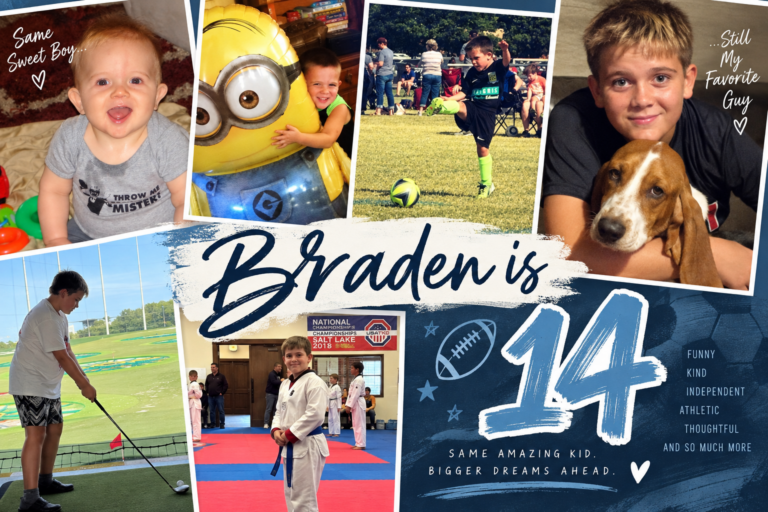 Braden’s 14th birthday collage featuring photos from babyhood through his teen years, including soccer, golf, karate, and a favorite photo with his dog Mac.