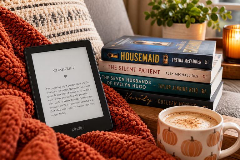 Kindle beside a stack of thriller books with a cozy fall blanket and coffee, representing Kindle vs. physical books.