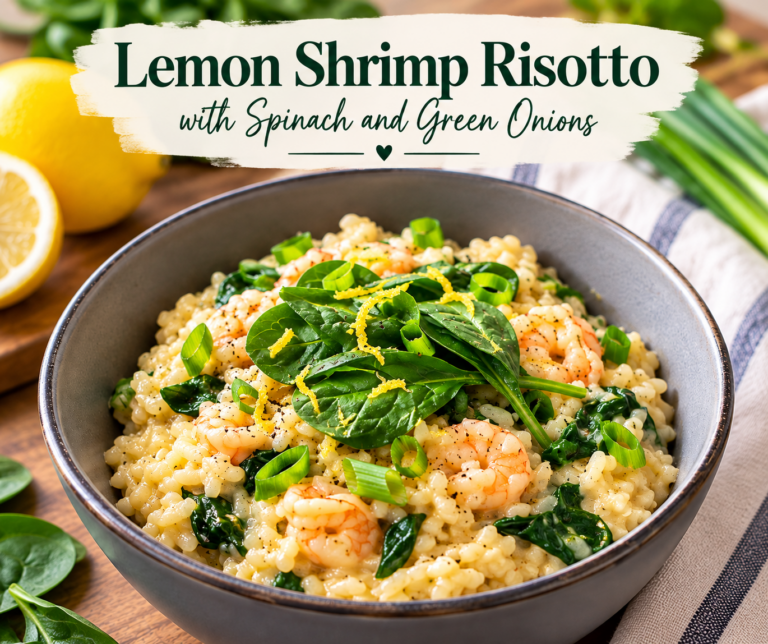 An image with shrimp risotto and a title saying Lemon Shrimp Risotto with Spinach and Green Onions