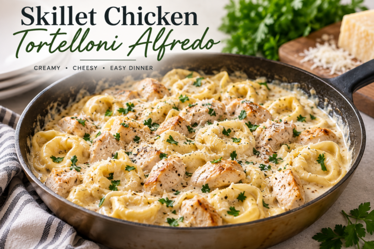 Skillet Chicken Tortelloni Alfredo with cheese-filled tortelloni, tender chicken, creamy Parmesan Alfredo sauce and fresh parsley.