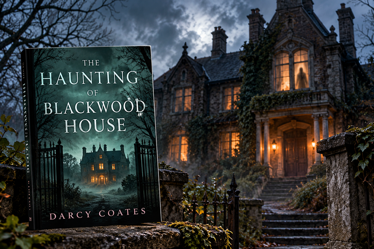 The Haunting of Blackwood House by Darcy Coates book review featuring the book beside a dark, creepy mansion with glowing windows and a ghostly figure.