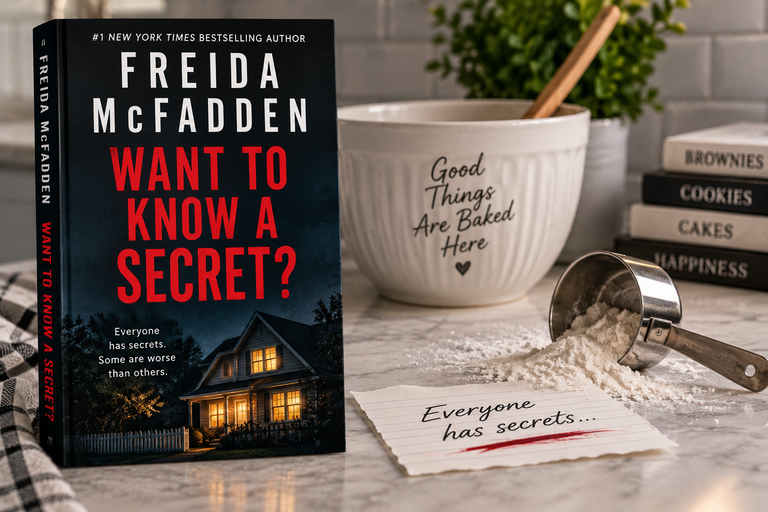 Featured image for Want to Know a Secret? by Freida McFadden, featuring the book cover alongside baking supplies, spilled flour, and a mysterious note reading “Everyone has secrets.”
