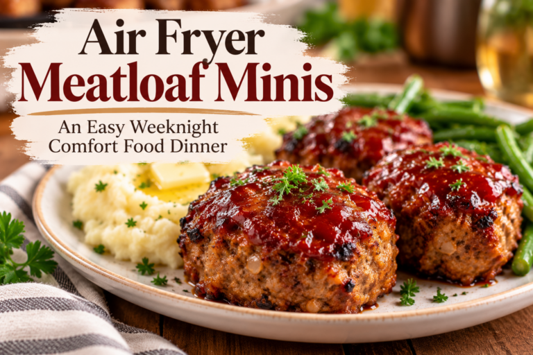 Air Fryer Meatloaf Minis with a sweet and tangy glaze, served with mashed potatoes and green beans.