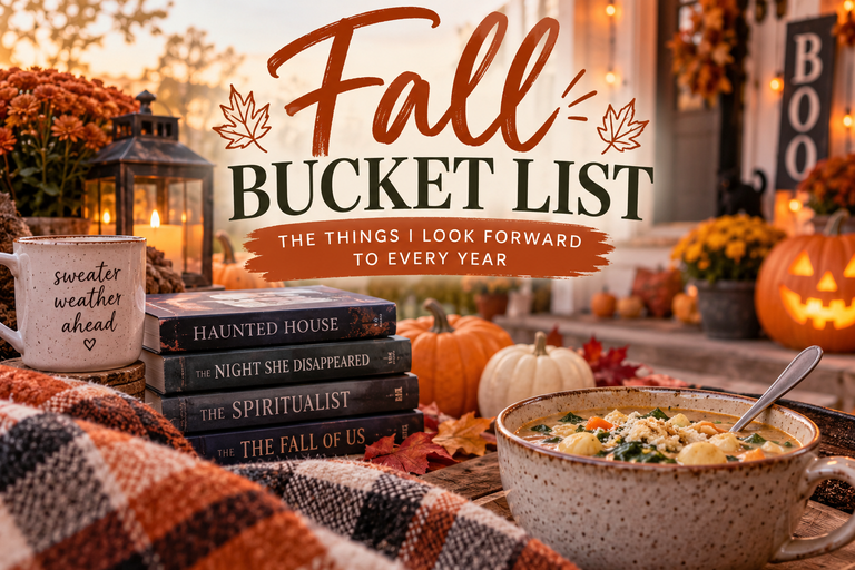 Cozy fall bucket list scene with pumpkins, Halloween decorations, spooky books, a warm sweater-weather mug, blanket, and bowl of soup.