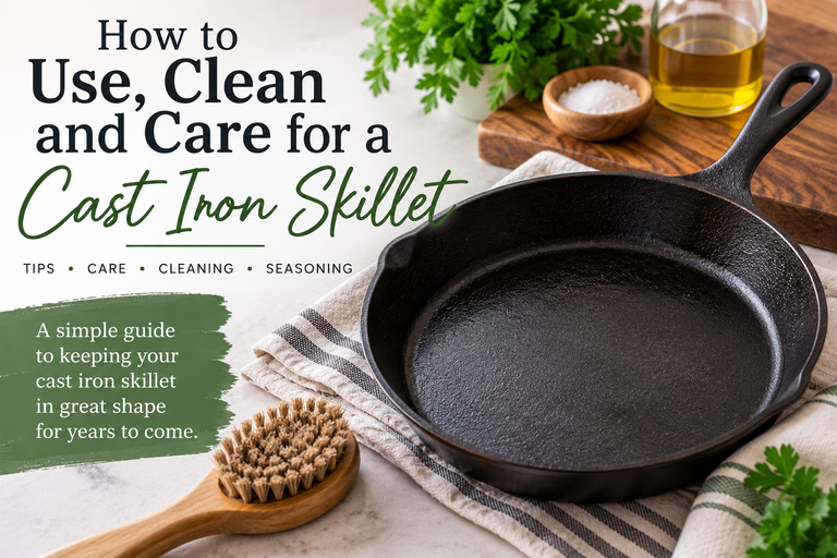 Cast iron skillet with oil, salt and a cleaning brush illustrating how to use, clean, season and care for cast iron cookware.
