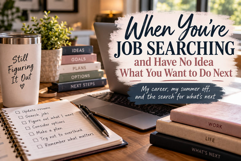 Cozy home office workspace with a laptop, job search checklist, books, and a “Still Figuring It Out” tumbler representing uncertainty about the next career step.
