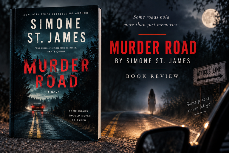 Murder Road by Simone St. James book review featuring the book beside a dark, foggy Atticus Line with a ghostly woman standing in the road.