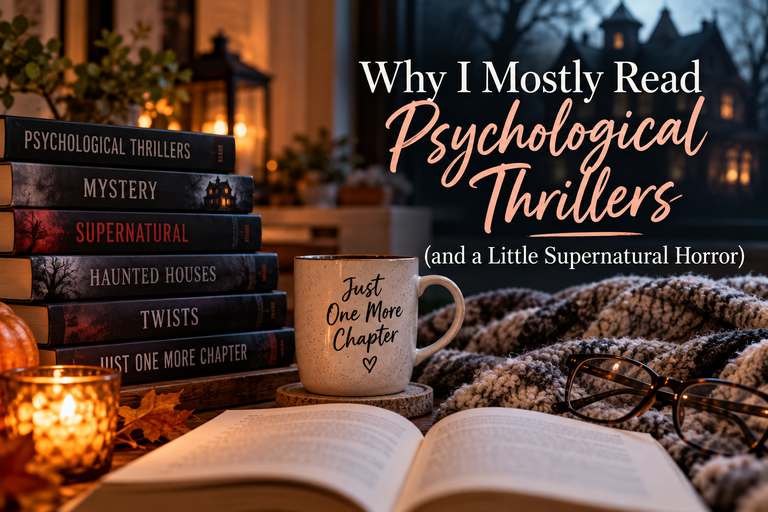 Cozy reading scene with psychological thriller and supernatural books, an open book, a “Just One More Chapter” mug, and a spooky haunted house in the background.