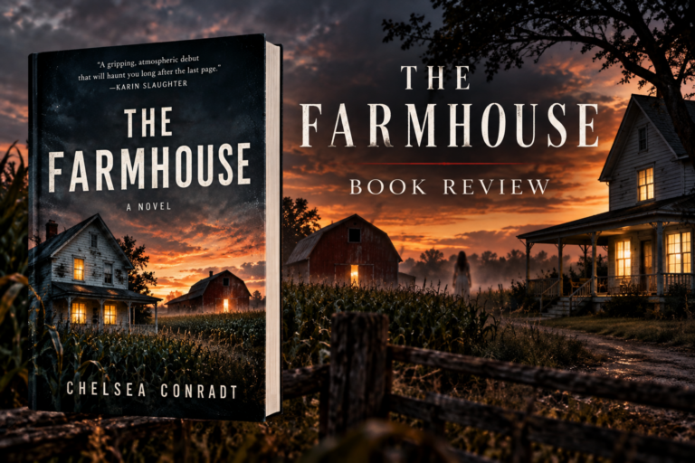 The Farmhouse by Chelsea Conradt book review featuring a creepy Nebraska farmhouse, cornfield, old barn, and ghostly woman at dusk.
