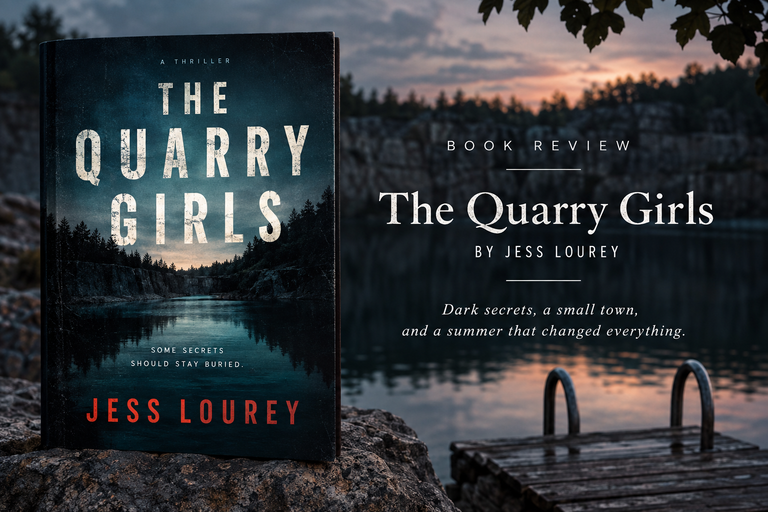 The Quarry Girls by Jess Lourey book review featuring the book beside a dark, atmospheric quarry at sunset.