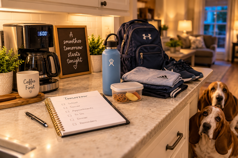 Cozy evening kitchen with coffee prepared, school supplies, clothes, a water bottle, a planner, and two curious basset hounds ready for the next morning.