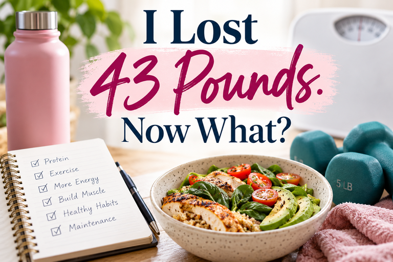 Weight loss journey featuring healthy food, dumbbells, a scale, and a checklist for protein, exercise, muscle, healthy habits, and maintenance.