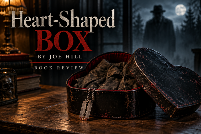 Heart-Shaped Box by Joe Hill book review image featuring a black heart-shaped box, an old suit, a razor blade on a chain, and a shadowy ghost in the background.
