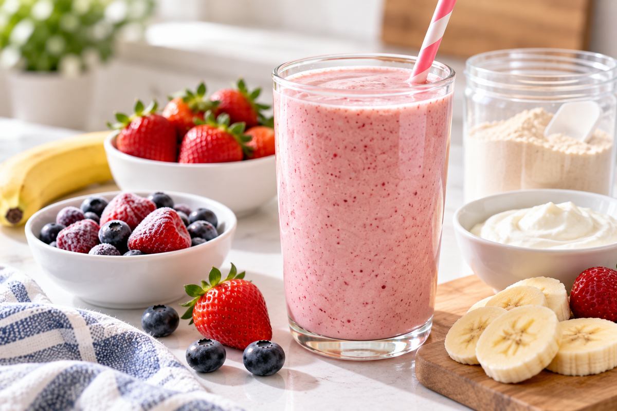 Strawberry-banana protein smoothie made with Greek yogurt, surrounded by fresh strawberries, frozen berries, banana slices, and protein powder.