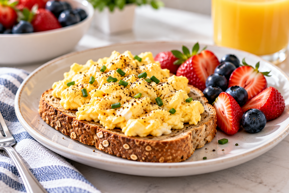 Fluffy scrambled eggs on whole-grain toast, served with fresh strawberries and blueberries for an easy, high-protein breakfast.