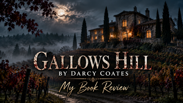Dark, atmospheric vineyard leading to a historic winery on a foggy, moonlit hill, with the text “Gallows Hill by Darcy Coates – My Book Review.”