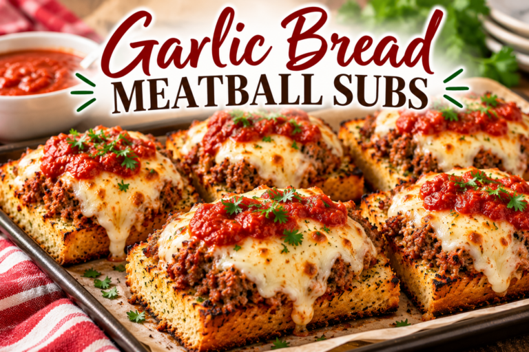 Garlic Bread Meatball Subs topped with seasoned ground beef, melted provolone cheese, marinara sauce, and fresh parsley, with the recipe name displayed above.