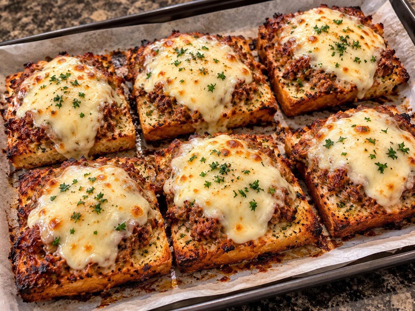 Homemade garlic bread meatball subs topped with seasoned ground beef, melted provolone cheese, and fresh parsley, baked until golden brown and crispy.