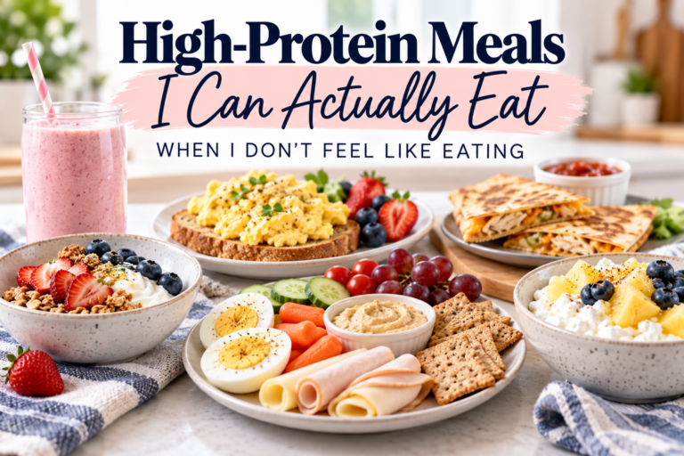 High-protein meals for days when you don't feel like eating, featuring Greek yogurt with berries, a protein smoothie, eggs on toast, chicken quesadillas, cottage cheese, and an easy protein snack plate.
