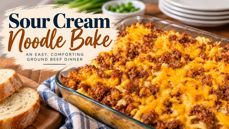 Sour Cream Noodle Bake with ground beef, egg noodles, and melted cheddar cheese served in a glass baking dish with crusty bread.