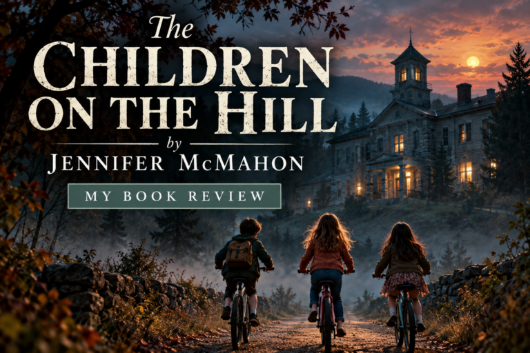 The Children on the Hill by Jennifer McMahon book review featured image showing three children riding bicycles toward a mysterious hilltop mansion at dusk, surrounded by autumn trees and eerie mist.