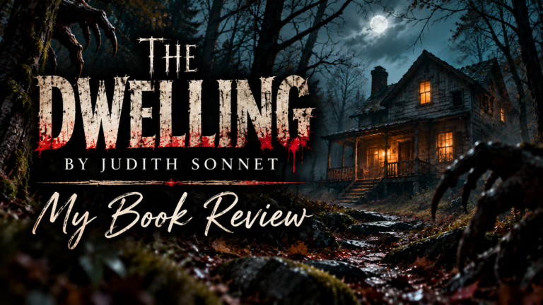 Creepy, moonlit house deep in a dark forest, surrounded by fog and monstrous claws, featuring the text “The Dwelling by Judith Sonnet – My Book Review.”