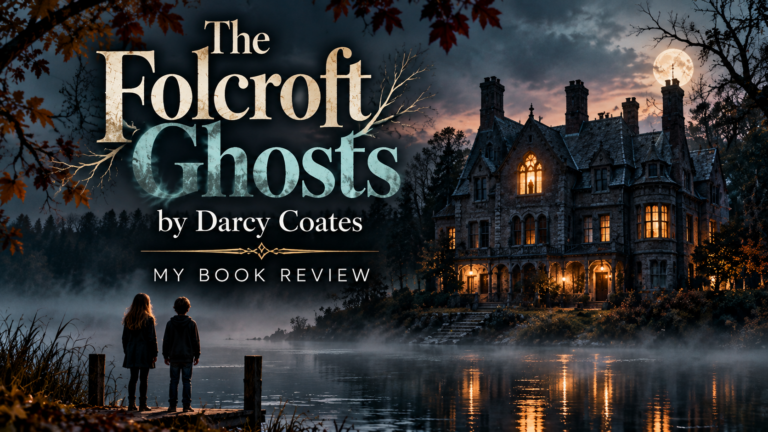 The Folcroft Ghosts by Darcy Coates book review featured image showing Tara and Kyle standing beside a misty lake, looking toward a mysterious Gothic mansion with glowing windows beneath a moonlit sky.