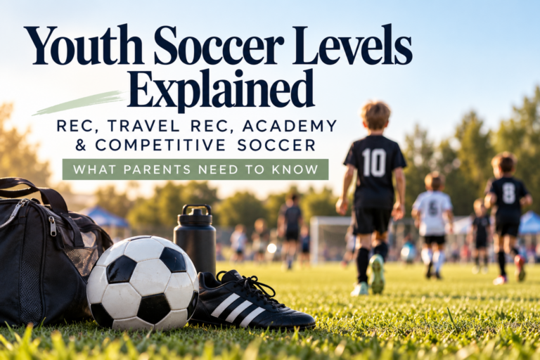 Youth soccer levels explained featured image showing a young soccer player on the field with a soccer ball, cleats, and gear in the foreground.
